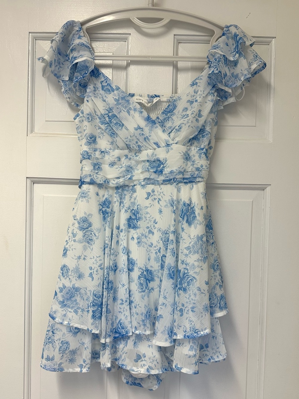 Altar’d State Lainey Double Layered Romper in Light Blue